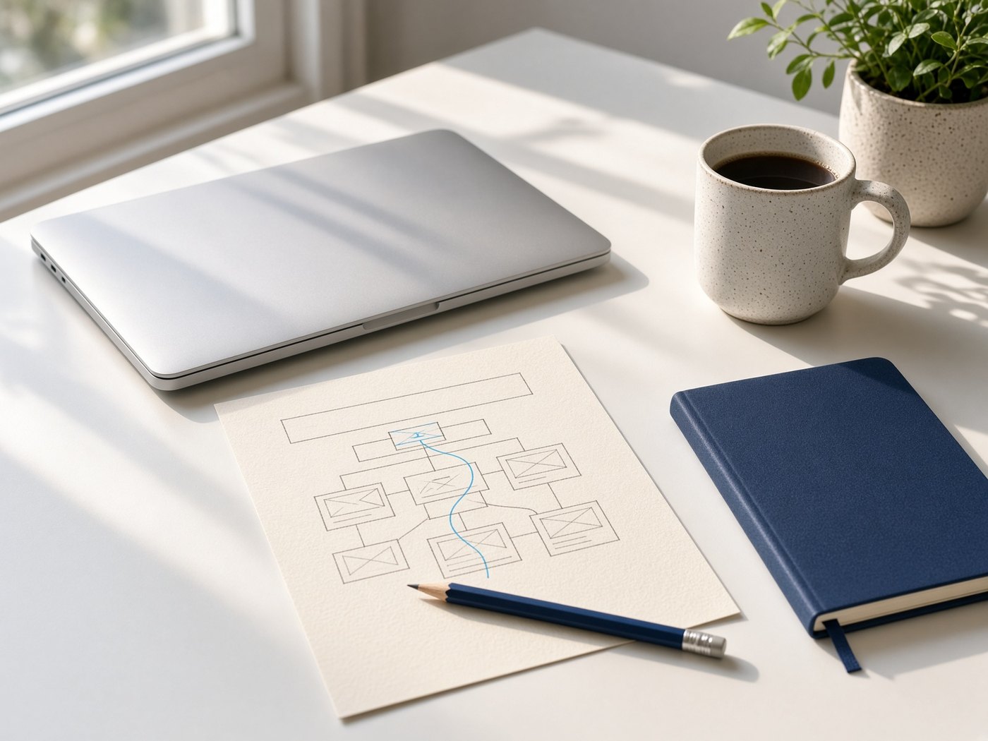 A closed laptop on a sunlit desk beside a printed page sketch, a notebook and a cup of coffee.