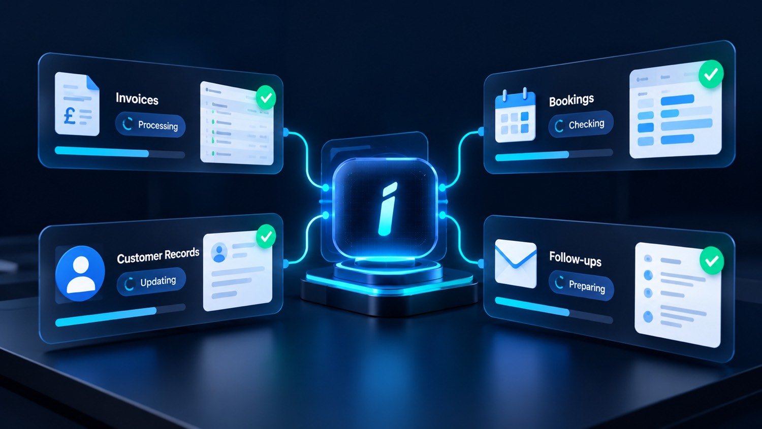 A digital contractor connected to invoices, bookings, customer records and follow-ups.