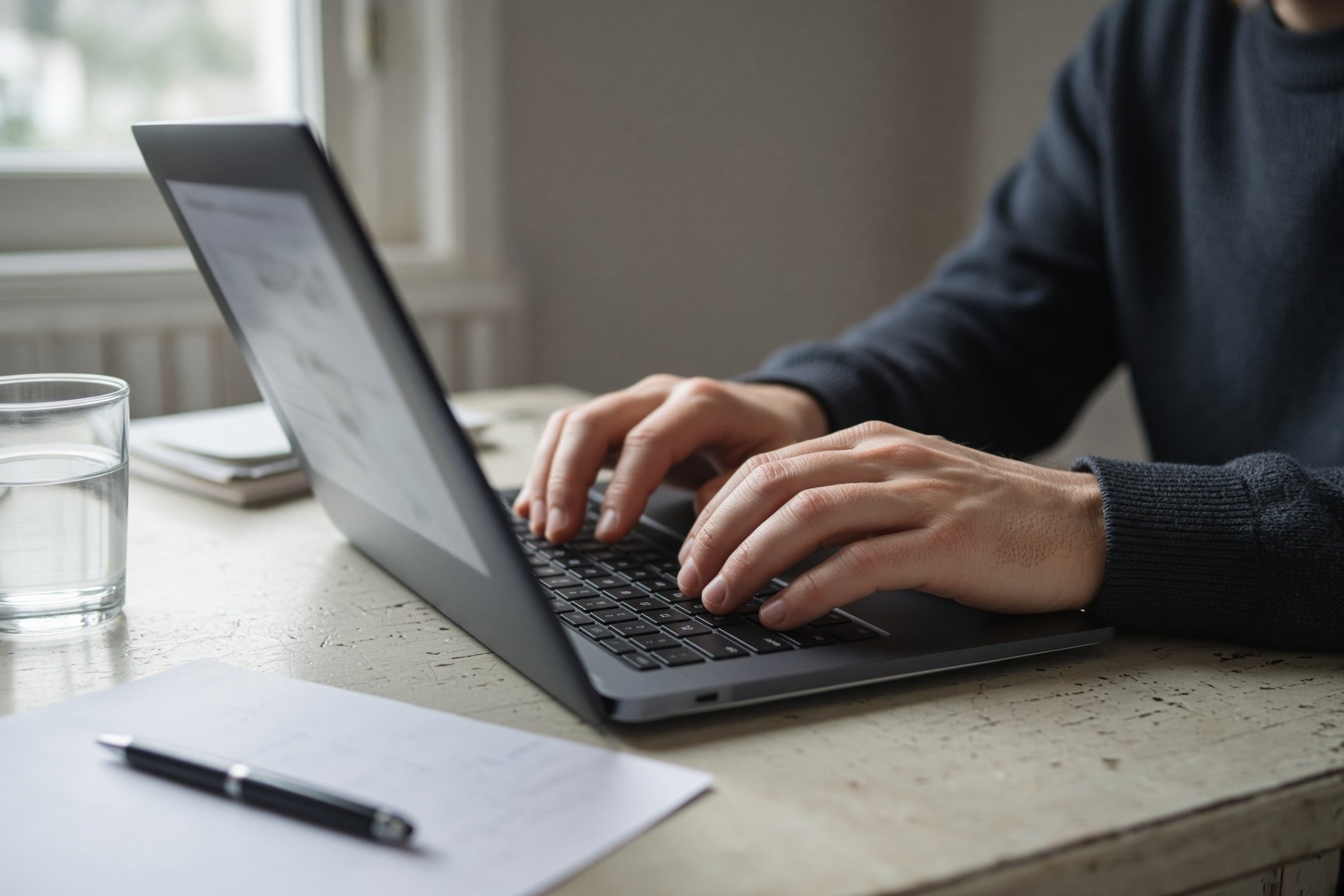 A professional working at a laptop in a modern British office.
